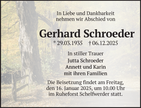 Traueranzeige von Gerhard Schroeder von Zeitung für die Landeshauptstadt