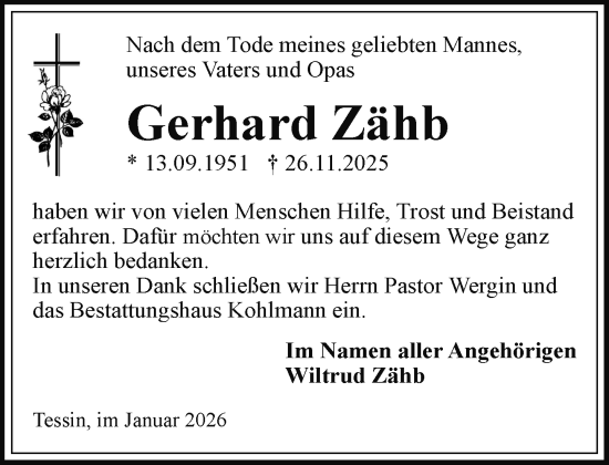 Traueranzeige von Gerhard Zähb von Hagenower Kreisblatt