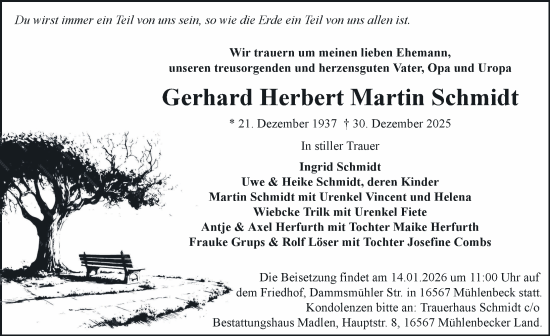 Traueranzeige von Gerhard Herbert Martin Schmidt von Parchim und Lübz