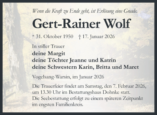 Traueranzeige von Gert-Rainer Wolf von Nordkurier Haff-Zeitung