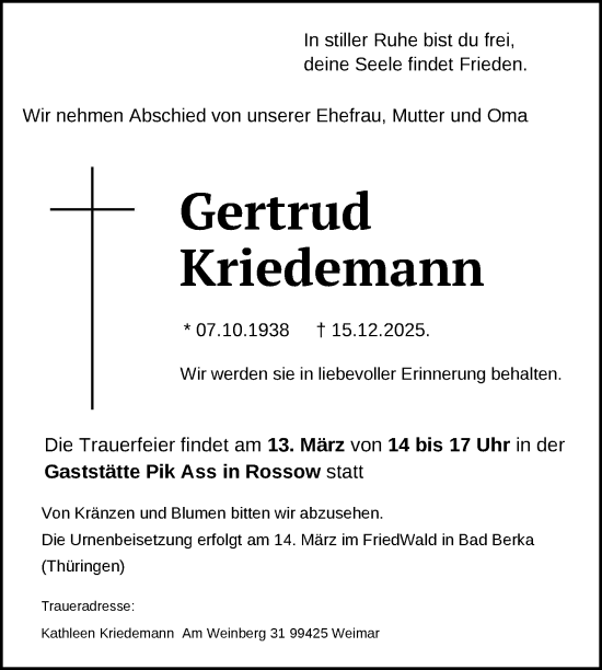 Traueranzeige von Gertrud Kriedemann von Nordkurier Pasewalker Zeitung