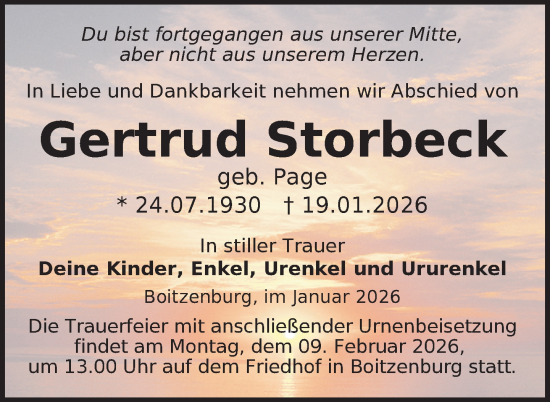 Traueranzeige von Gertrud Storbeck von Uckermark Kurier Templiner Zeitung