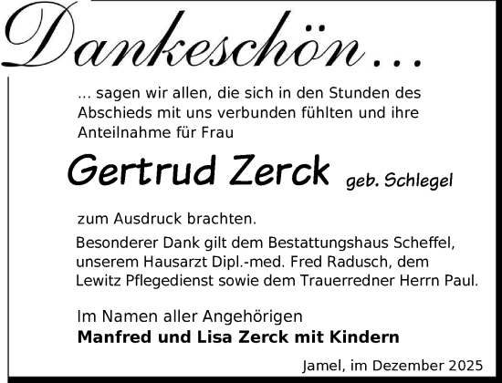 Traueranzeige von Gertrud Zerck von Zeitung für die Landeshauptstadt