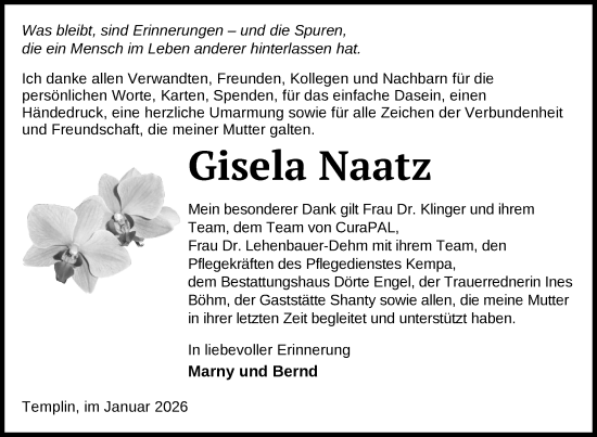 Traueranzeige von Gisela Naatz von Uckermark Kurier Templiner Zeitung