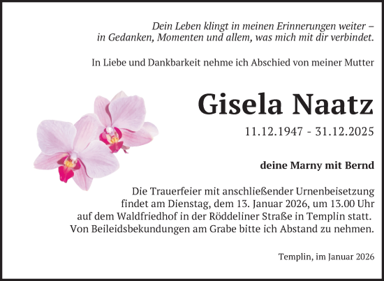 Traueranzeige von Gisela Naatz von Uckermark Kurier Templiner Zeitung