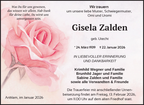 Traueranzeige von Gisela Zalden von Nordkurier Strelitzer Zeitung, Nordkurier Vorpommern Kurier, Nordkurier Grosso