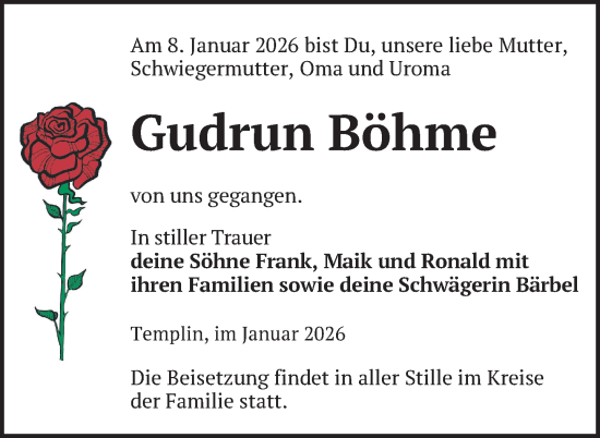Traueranzeige von Gudrun Böhme von Uckermark Kurier Templiner Zeitung