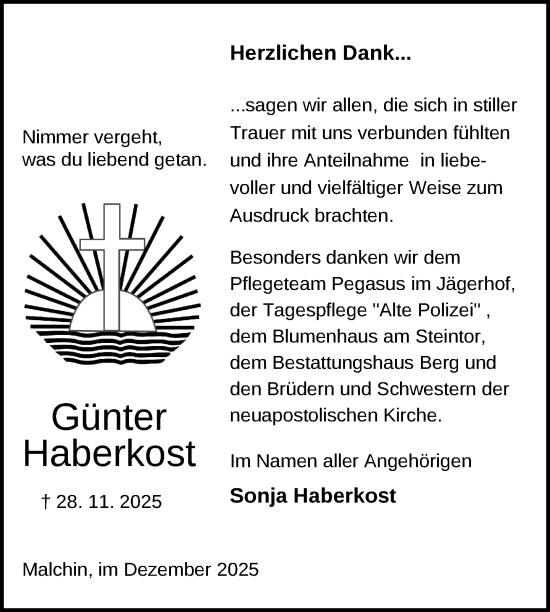 Traueranzeige von Günter Haberkost von Nordkurier Mecklenburger Schweiz