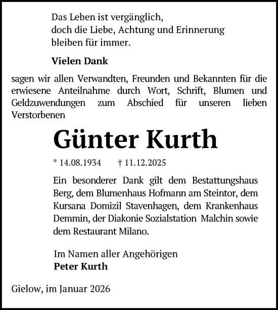 Traueranzeige von Günter Kurth von Nordkurier Mecklenburger Schweiz