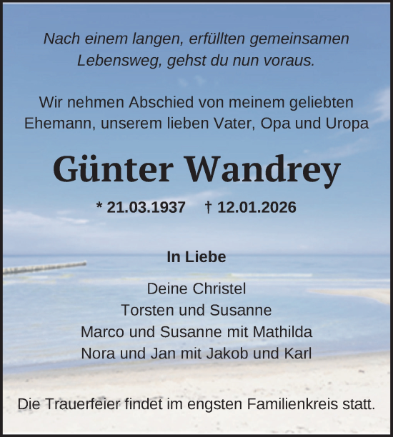 Traueranzeige von Günter Wandrey von Nordkurier Mecklenburger Schweiz