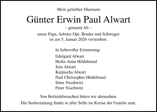 Traueranzeige von Günter Erwin Paul Alwart von Norddeutsche Neueste Nachrichten