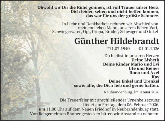 Traueranzeige von Günther Hildebrandt von Nordkurier Neubrandenburger Zeitung