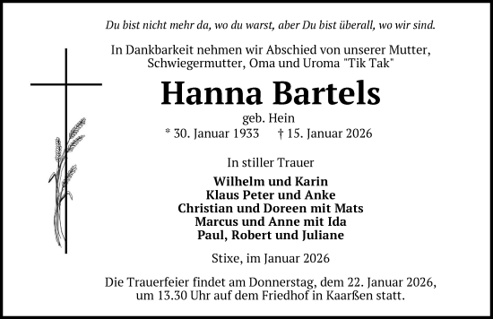 Traueranzeige von Hanna Bartels von Hagenower Kreisblatt