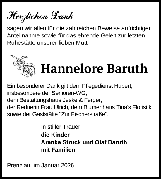 Traueranzeige von Hannelore Baruth von Uckermark Kurier Prenzlauer Zeitung