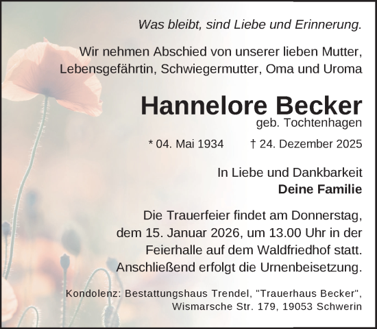 Traueranzeige von Hannelore Becker von Zeitung für die Landeshauptstadt