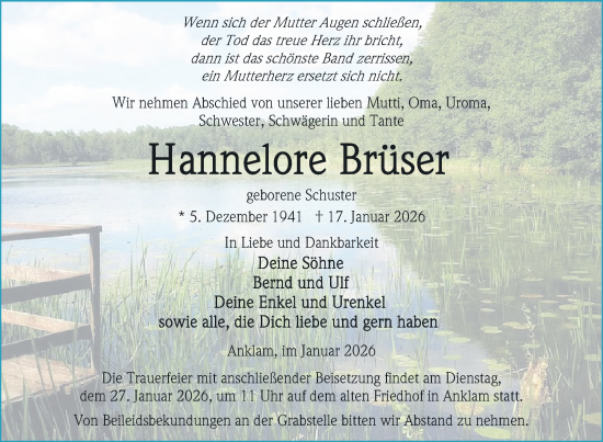 Traueranzeige von Hannelore Brüser von Nordkurier Vorpommern Kurier