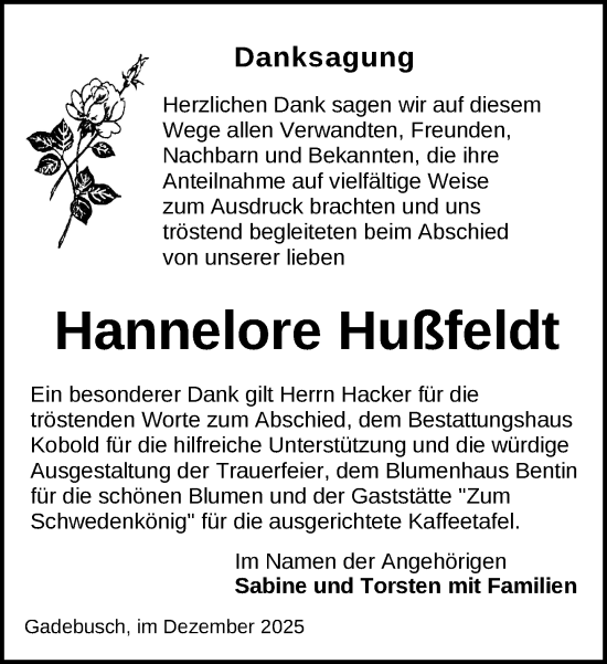 Traueranzeige von Hannelore Hußfeldt von Gadebusch - Rehnaer Zeitung