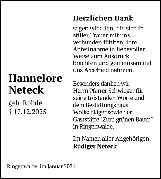 Traueranzeige von Hannelore Neteck von Uckermark Kurier Templiner Zeitung