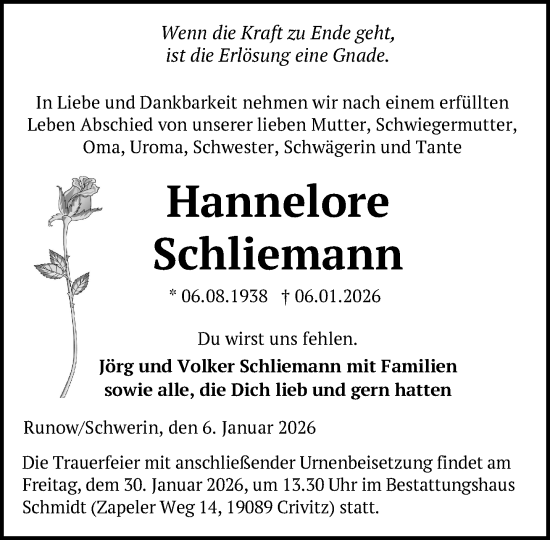 Traueranzeige von Hannelore Schliemann von Zeitung für die Landeshauptstadt