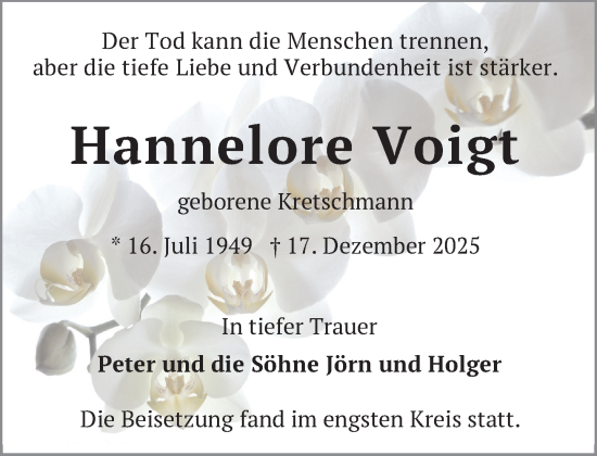 Traueranzeige von Hannelore Voigt von Zeitung für die Landeshauptstadt
