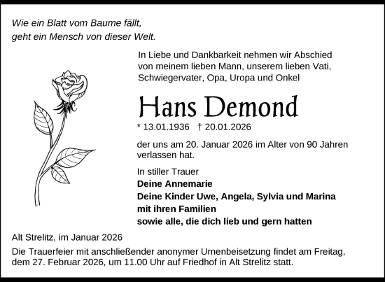Traueranzeige von Hans Demond von Nordkurier Strelitzer Zeitung