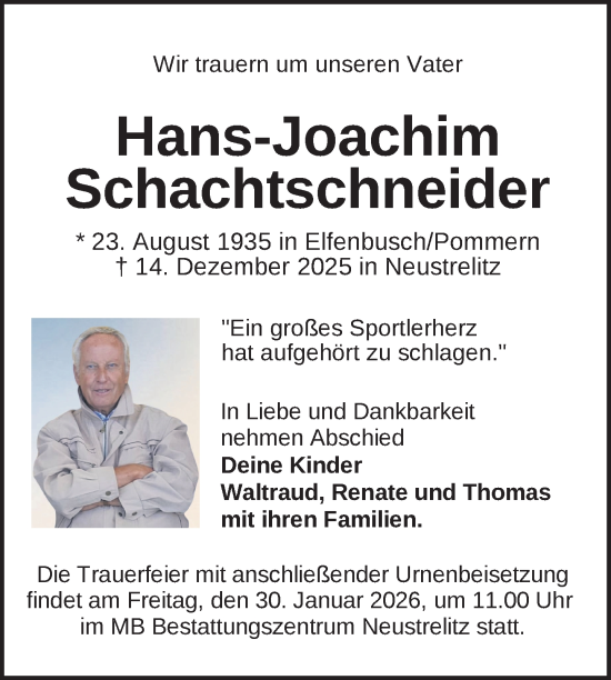 Traueranzeige von Hans-Joachim Schachtschneider von Nordkurier Neubrandenburger Zeitung
