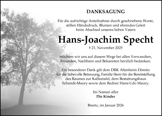 Traueranzeige von Hans-Joachim Specht 