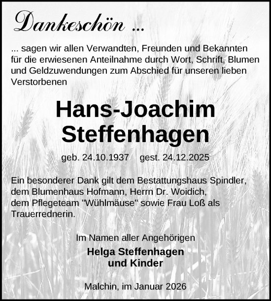 Traueranzeige von Hans-Joachim Steffenhagen von Nordkurier Mecklenburger Schweiz