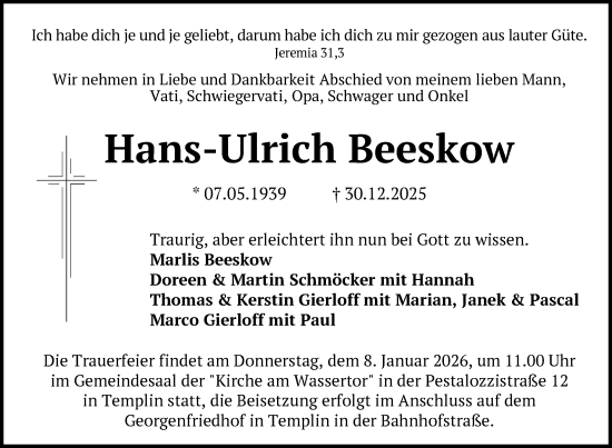 Traueranzeige von Hans-Ulrich Beeskow von Uckermark Kurier Templiner Zeitung