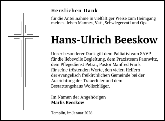 Traueranzeige von Hans-Ulrich Beeskow von Uckermark Kurier Templiner Zeitung