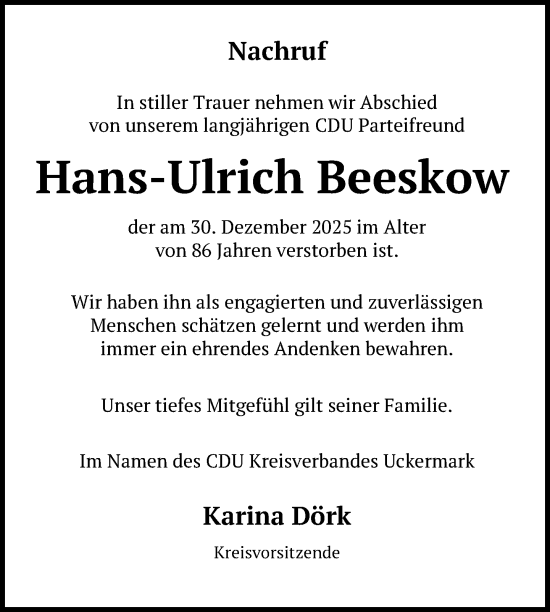 Traueranzeige von Hans-Ulrich Beeskow von Uckermark Kurier Prenzlauer Zeitung