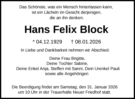 Traueranzeige von Hans Felix Block von Nordkurier Neubrandenburger Zeitung