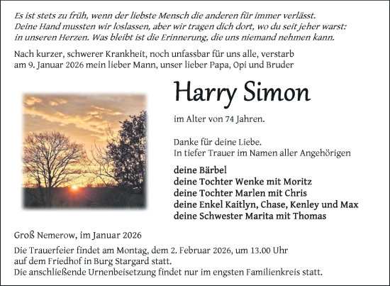 Traueranzeige von Harry Simon von Nordkurier Neubrandenburger Zeitung