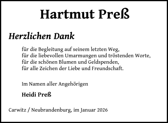 Traueranzeige von Hartmut Preß von Nordkurier Strelitzer Zeitung