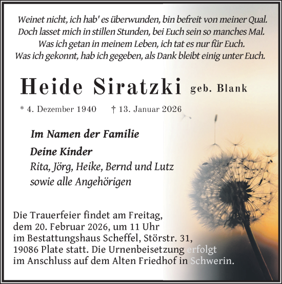 Traueranzeige von Heide Siratzki von Zeitung für die Landeshauptstadt