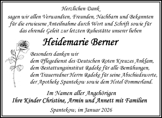Traueranzeige von Heidemarie Berner von Nordkurier Vorpommern Kurier