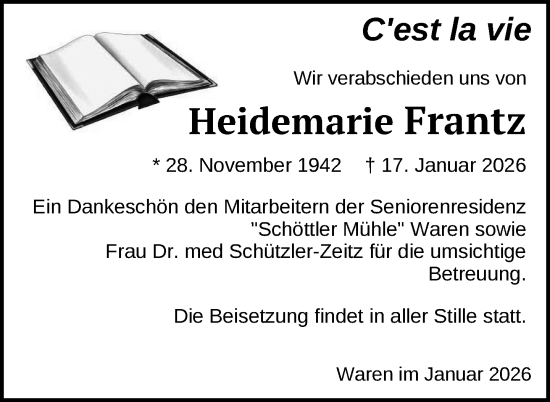 Traueranzeige von Heidemarie Frantz von Nordkurier Müritz-Zeitung