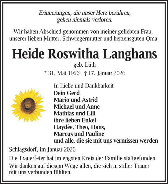 Traueranzeige von Heide Roswitha Langhans von Gadebusch - Rehnaer Zeitung