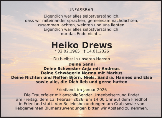 Traueranzeige von Heiko Drews von Nordkurier Neubrandenburger Zeitung