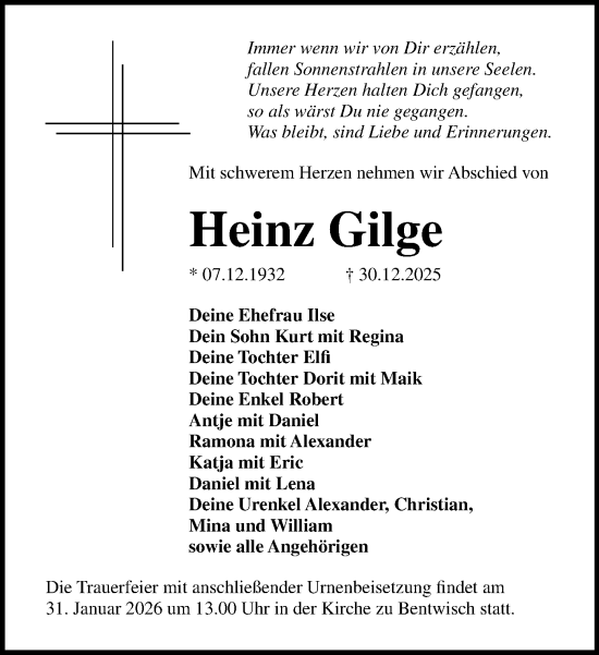 Traueranzeige von Heinz Gilge von Norddeutsche Neueste Nachrichten