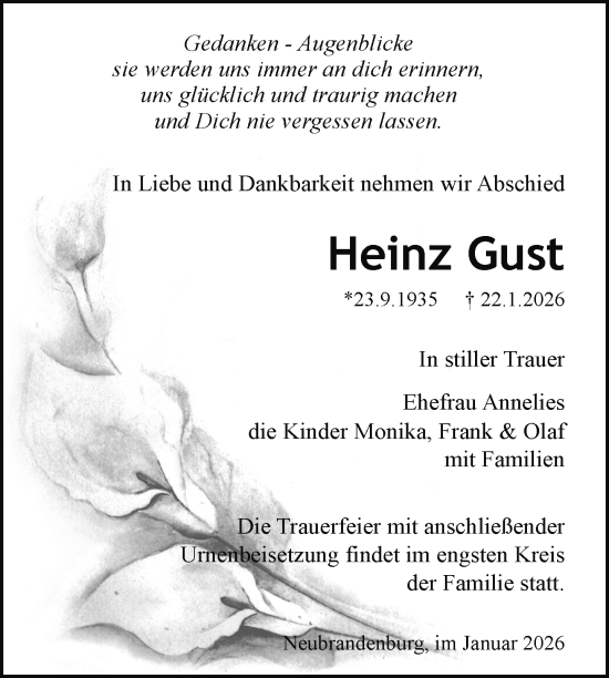 Traueranzeige von Heinz Gust von Nordkurier Neubrandenburger Zeitung