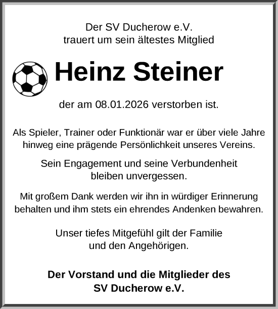 Traueranzeige von Heinz Steiner von Nordkurier Vorpommern Kurier