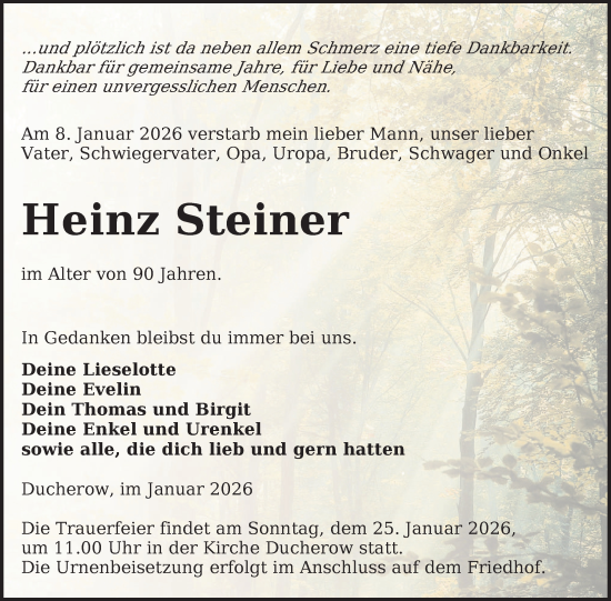Traueranzeige von Heinz Steiner von Nordkurier Vorpommern Kurier