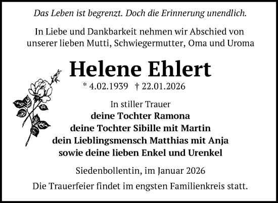 Traueranzeige von Helene Ehlert von Nordkurier Neubrandenburger Zeitung, Nordkurier Grosso