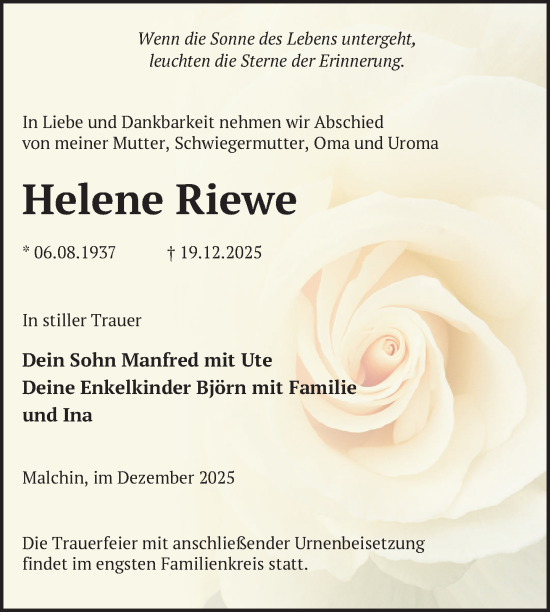 Traueranzeige von Helene Riewe von Nordkurier Mecklenburger Schweiz