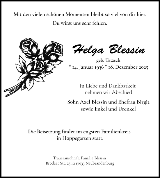 Traueranzeige von Helga Blessin von Nordkurier Neubrandenburger Zeitung