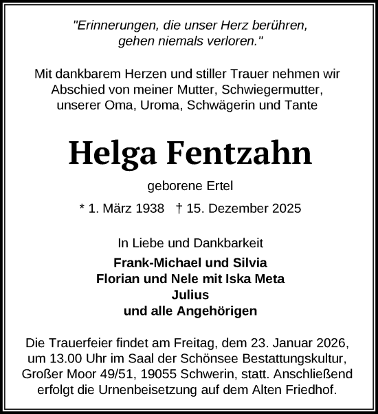 Traueranzeige von Helga Fentzahn von Zeitung für die Landeshauptstadt