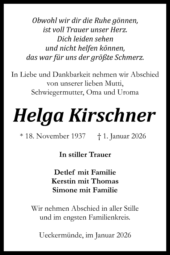 Traueranzeige von Helga Kirschner von Nordkurier Haff-Zeitung