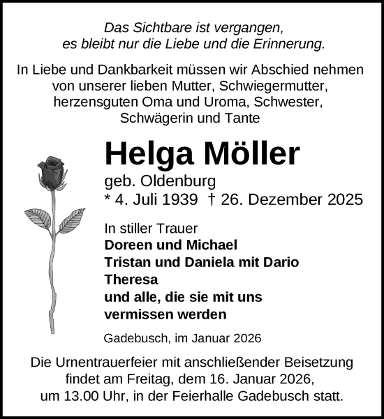 Traueranzeige von Helga Möller von Gadebusch - Rehnaer Zeitung