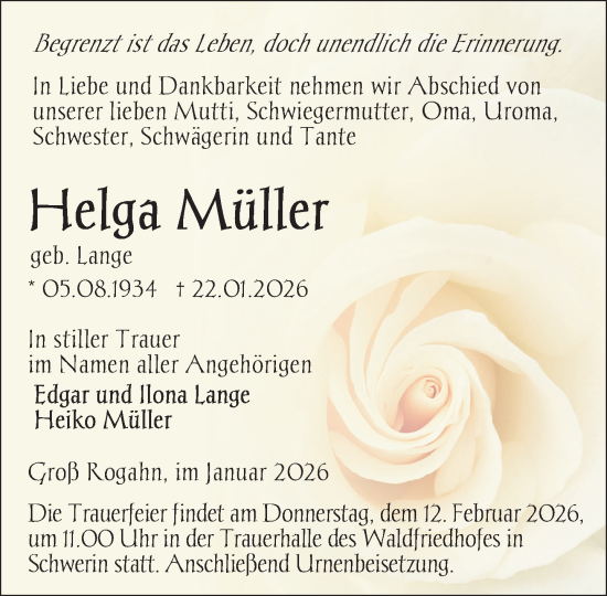Traueranzeige von Helga Müller von Zeitung für die Landeshauptstadt